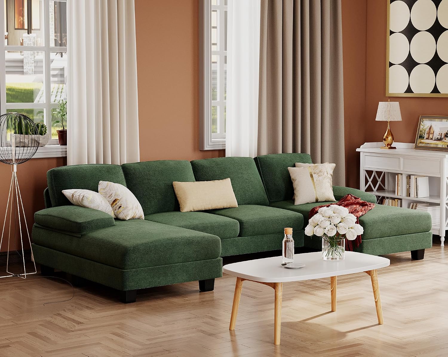 Furmax Sectional Couches for Living Room, U-Shaped Sofa Couch with Linen Fabric, 4 Seat Sofa Set with Double Chaise for Apartment (Fabric, Green)