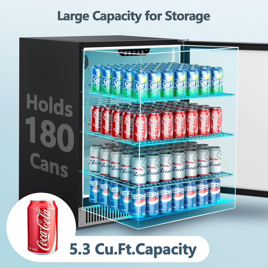 Coolski 24 Inch Beverage Refrigerator Cooler Under Counter, 180 Cans Outdoor Refrigerator for Patio, Built-In or Freestanding Fridge with Stainless Steel Door for Home Bar Kitchen, ETL, NSF Approved