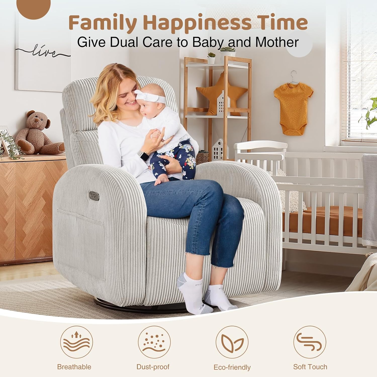 Power Swivel Rocker Recliner Nursery Glider Recliner, Swivel Glider Recliner with USB & Type-C Port, Reclining Nursery Rocker with Double Pockets for Living Room, Camel, Corduroy