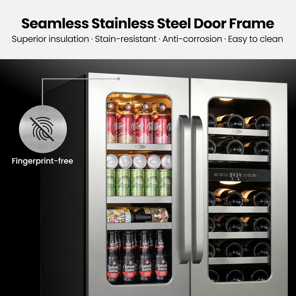 Whynter Wine and Beverage Refrigerator, 30 Inch Dual Zone Under Counter Wine Beverage Cooler Built-In or Freestanding Wine Fridge with Glass French Door Holds 80 Can & 29 Bottle