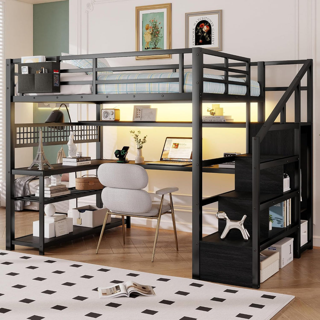 Full Size Loft Bed with Stairs & Desk, Black Loft Bed Frame with Storage Staircase, Charging Station & LED Light, Space Saving Loft Beds with Built-in Study Workstation for Kids Teens Adults