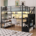 Full Size Loft Bed with Stairs & Desk, Black Loft Bed Frame with Storage Staircase, Charging Station & LED Light, Space Saving Loft Beds with Built-in Study Workstation for Kids Teens Adults