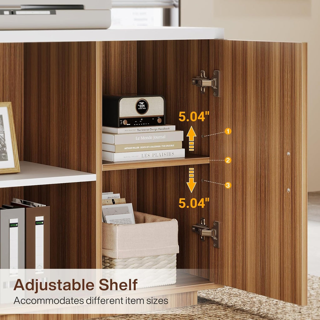 Tribesigns 85.8' L-Shaped Executive Desk, Extra Large Office Desk with File Drawers, Modern Business Furniture, Computer Desk Workstation with Door Cabinet, Shelves for Home Office, White & Brown