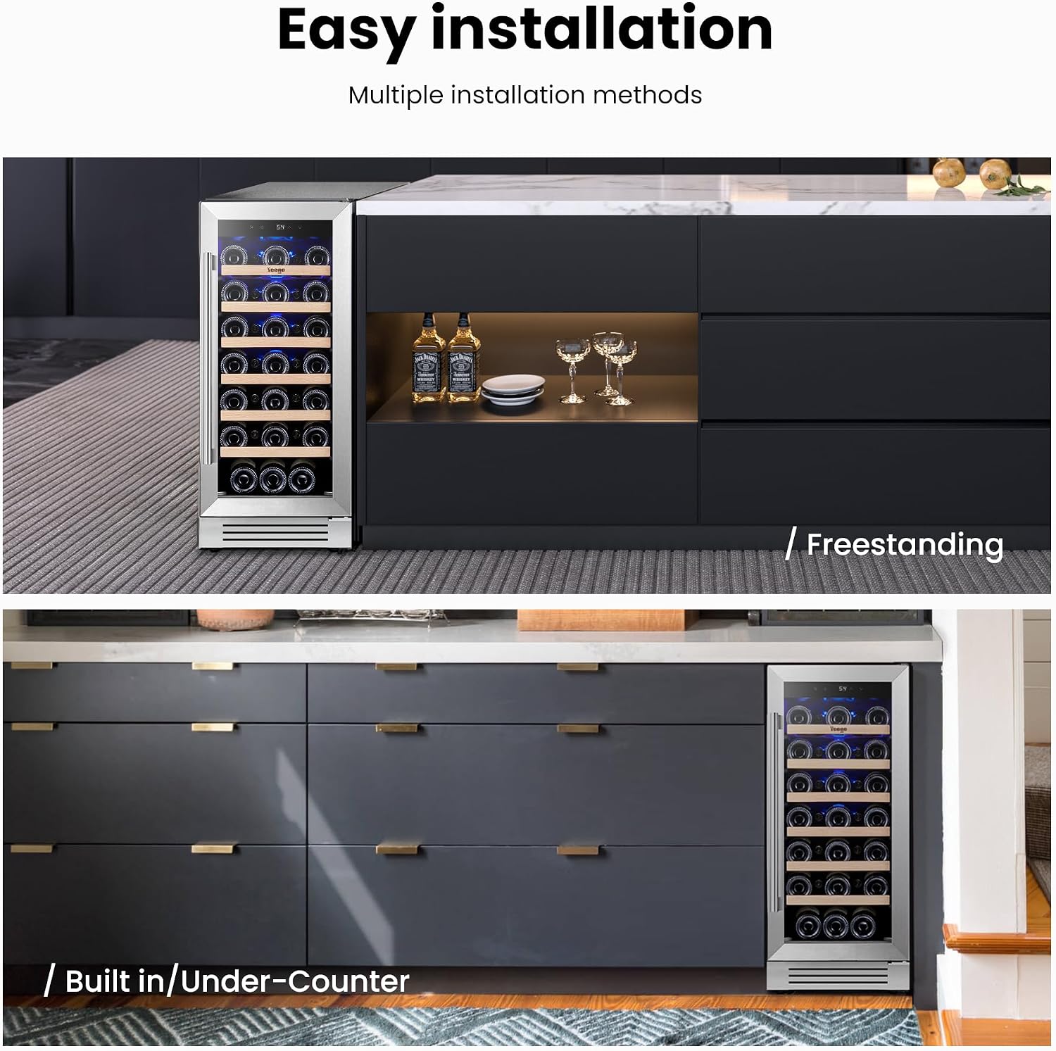 Yeego Wine Fridge Cooler - 15 Inch Wine Fridge Hold 33 Bottles, 40-65°F Wine Refrigerator Glass Door, Built in, Freestanding Under Counter Fridge for Beer Soda Drink Home Bar Office