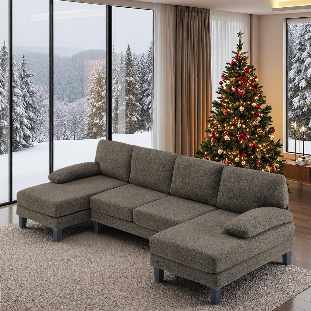 VINGLI 110' U-Shaped Sectional Couch with Two Chaise, Affordable Small Sofa with 4 Seats, Chenille Fabric Comfy Couches for Living Room, Dark Brown