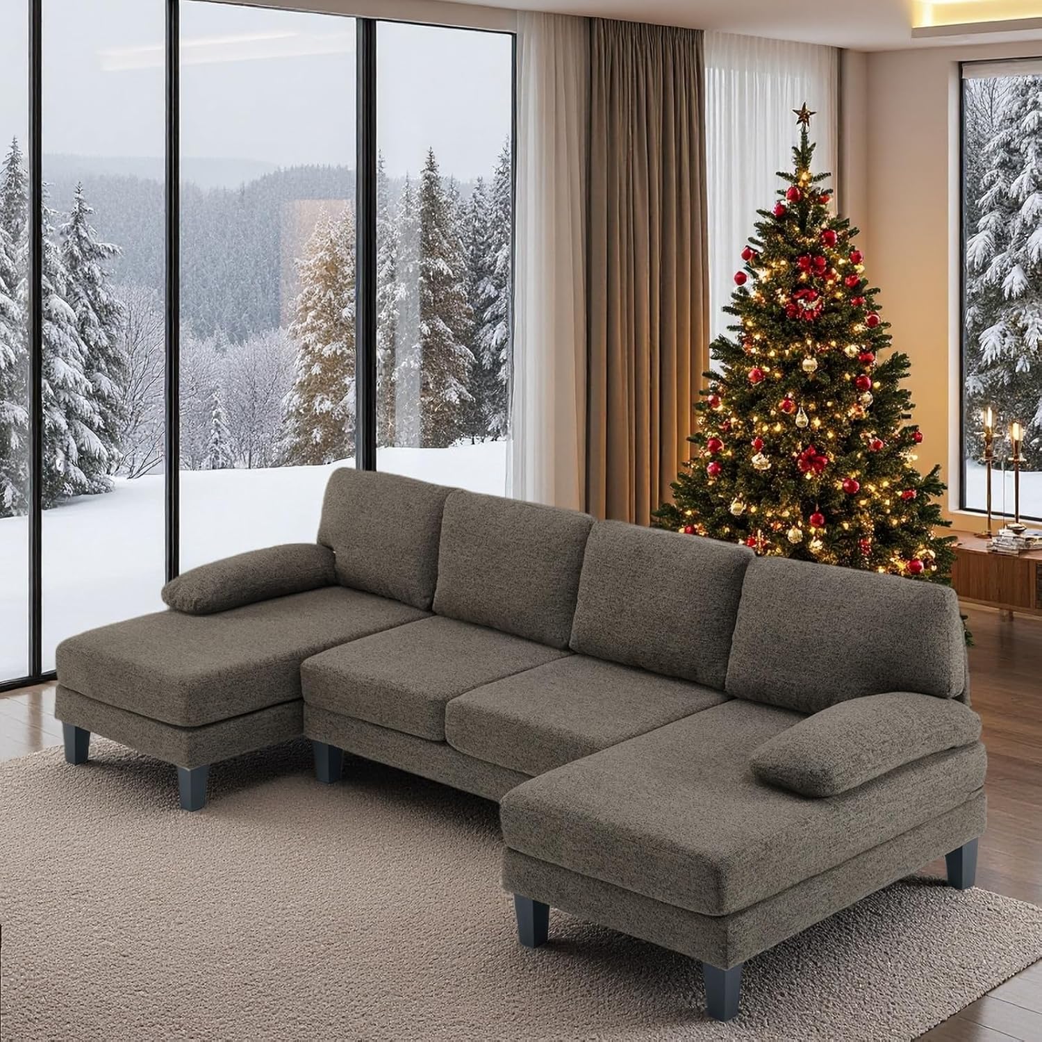 VINGLI 110' U-Shaped Sectional Couch with Two Chaise, Affordable Small Sofa with 4 Seats, Chenille Fabric Comfy Couches for Living Room, Dark Brown