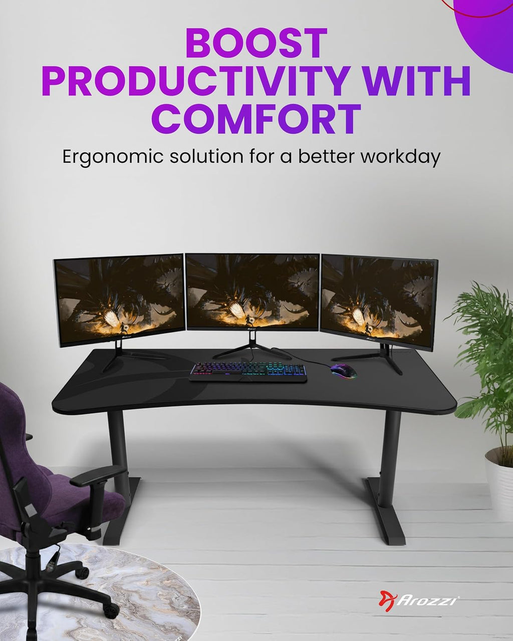 Arozzi Arena Ultrawide Curved Gaming and Office Desk with Full Surface Water Resistant Desk Mat with 3 Custom Monitor Mount Cut Outs and Under The Desk Cable Management Netting - Gunmetal