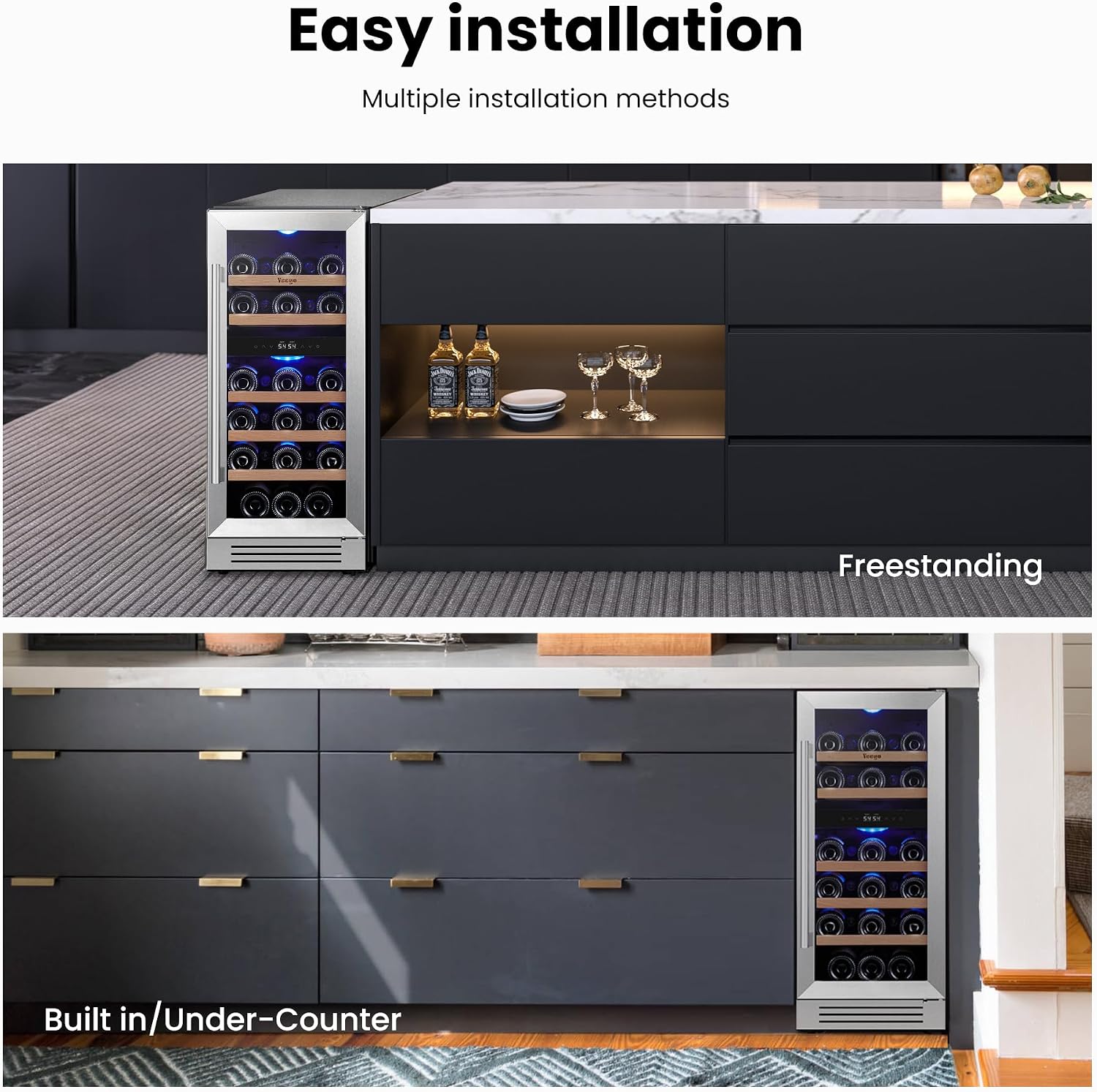 Yeego Wine Fridge Cooler - 15 Inch Dual Zone Wine Fridge Hold 28 Bottles, 40-65°F Wine Refrigerator Glass Door, Built in, Freestanding Under Counter Fridge for Beer Soda Drink Home Bar Office
