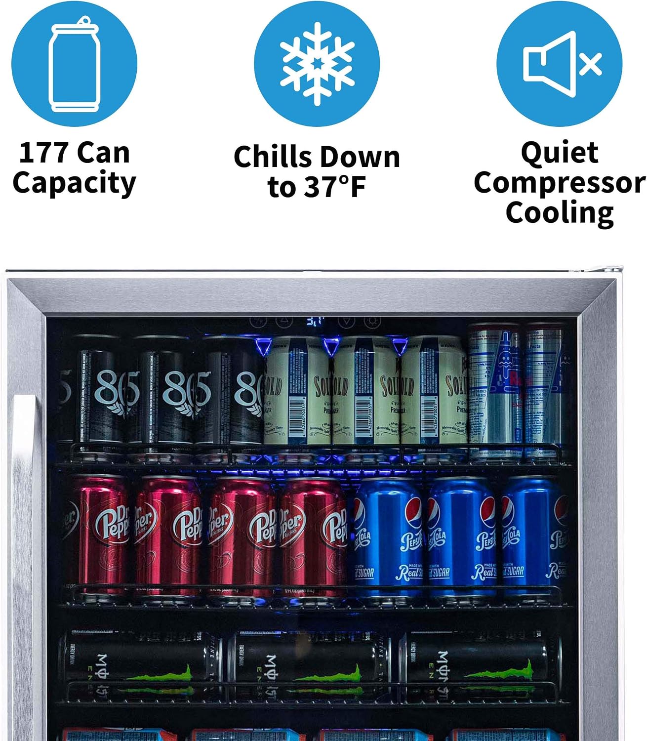 NewAir Large Beverage Refrigerator Cooler with 177 Can Capacity - Mini Bar Beer Fridge with Reversible Hinge Glass Door And Bottom Key Lock - Cools to 37F - Stainless Steel ABR-1770 (Renewed)