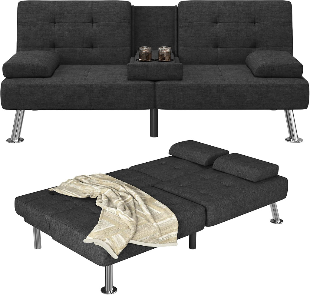 Furmax Futon Sofa Bed Adjustable Futon Couch Sleeper Sofa Bed for Living Room, Business Office, Recliner Sofas with Cup Holders (Fabric, Black)