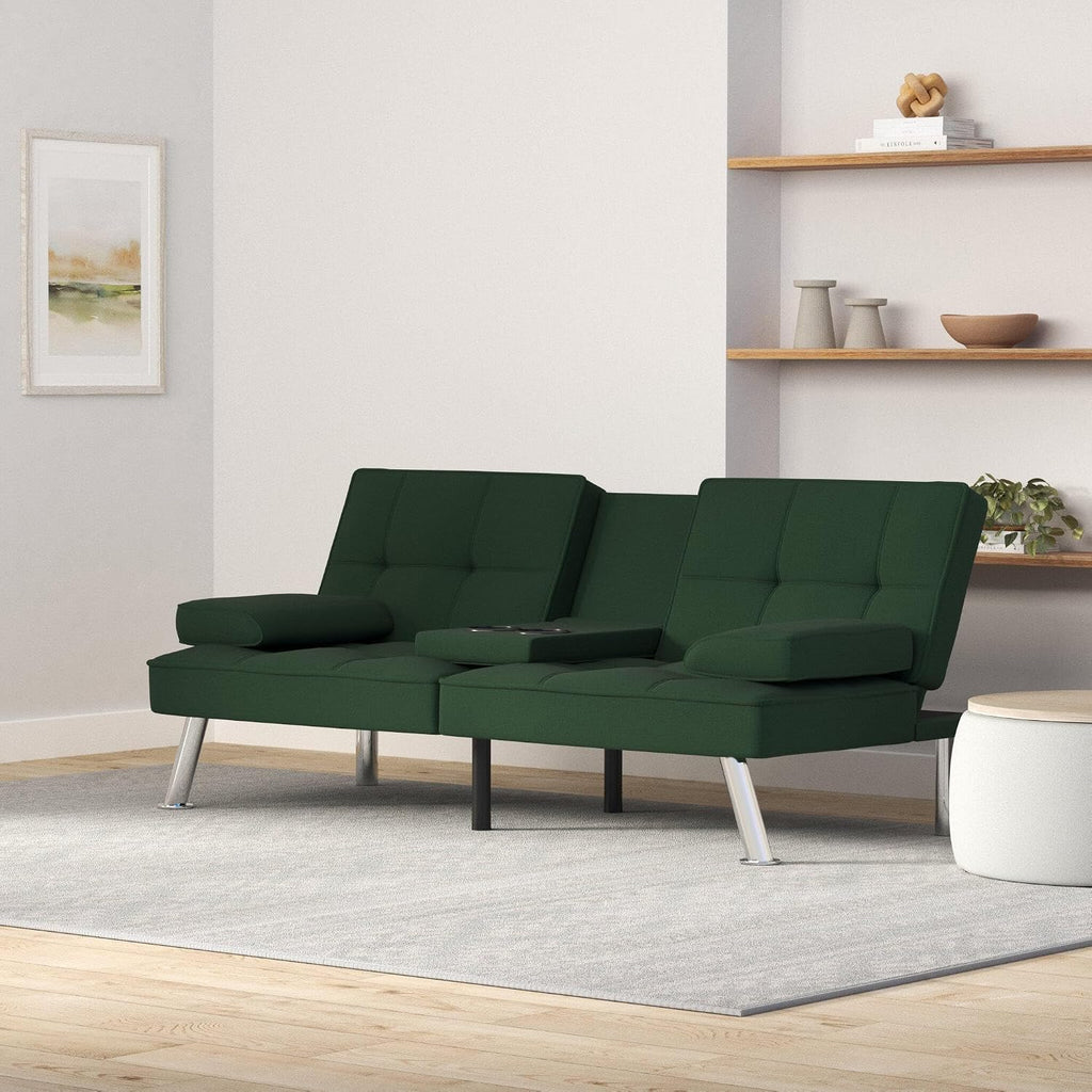 Best Choice Products Linen Modern Folding Futon, Reclining Sofa Bed for Apartment, Dorm w/Removable Armrests, 2 Cupholders - Dark Green