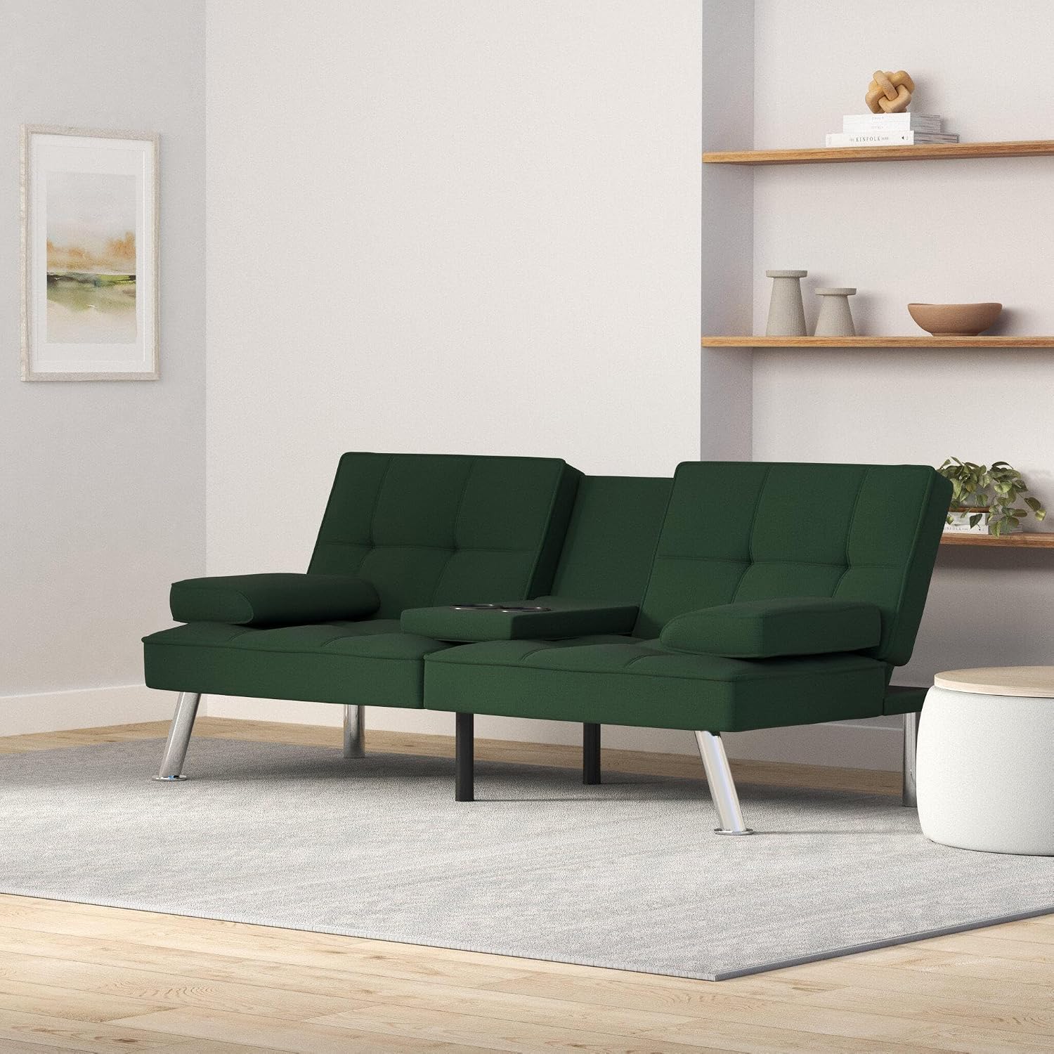Best Choice Products Linen Modern Folding Futon, Reclining Sofa Bed for Apartment, Dorm w/Removable Armrests, 2 Cupholders - Dark Green