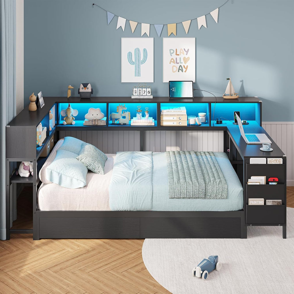 DICTAC Corner Twin Bed Frame with Desk,Charging Station and Bookcase Storage Twin Size Daybed for Kids/Teen with Storage Drawers,Led Lights and Shelves Twin Size Platform Bed Frame with Desk,Black