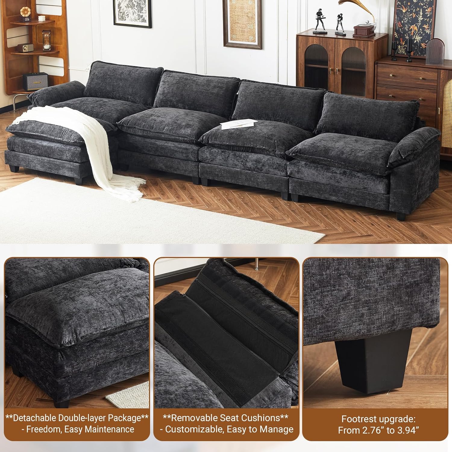 VINGLI 157' Cloud Black Convertible Sectional Sofa, Comfy L-Shape Extra Deep Seat Sofa Couch for Living Room,Modern Chenille 4-Seat Convertible Sofa with Movable Ottoman for Small Space
