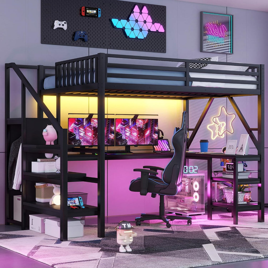 Full Size Loft Bed with Desk & Stairs, Metal Loft Bed Frame with Storage Shelves, Charging Station & LED Light, Gaming Loft Beds with Wardrobe for Kids Teens Adults, Black