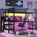 Full Size Loft Bed with Desk & Stairs, Metal Loft Bed Frame with Storage Shelves, Charging Station & LED Light, Gaming Loft Beds with Wardrobe for Kids Teens Adults, Black