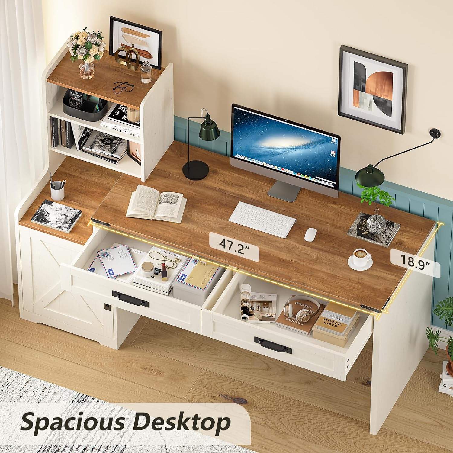 YOMILUVE 60'' Farmhouse Computer Desk with Drawers, Home Office Desk with Bookcase, Vanity Desk Writing Study Table with Storage, Antique White