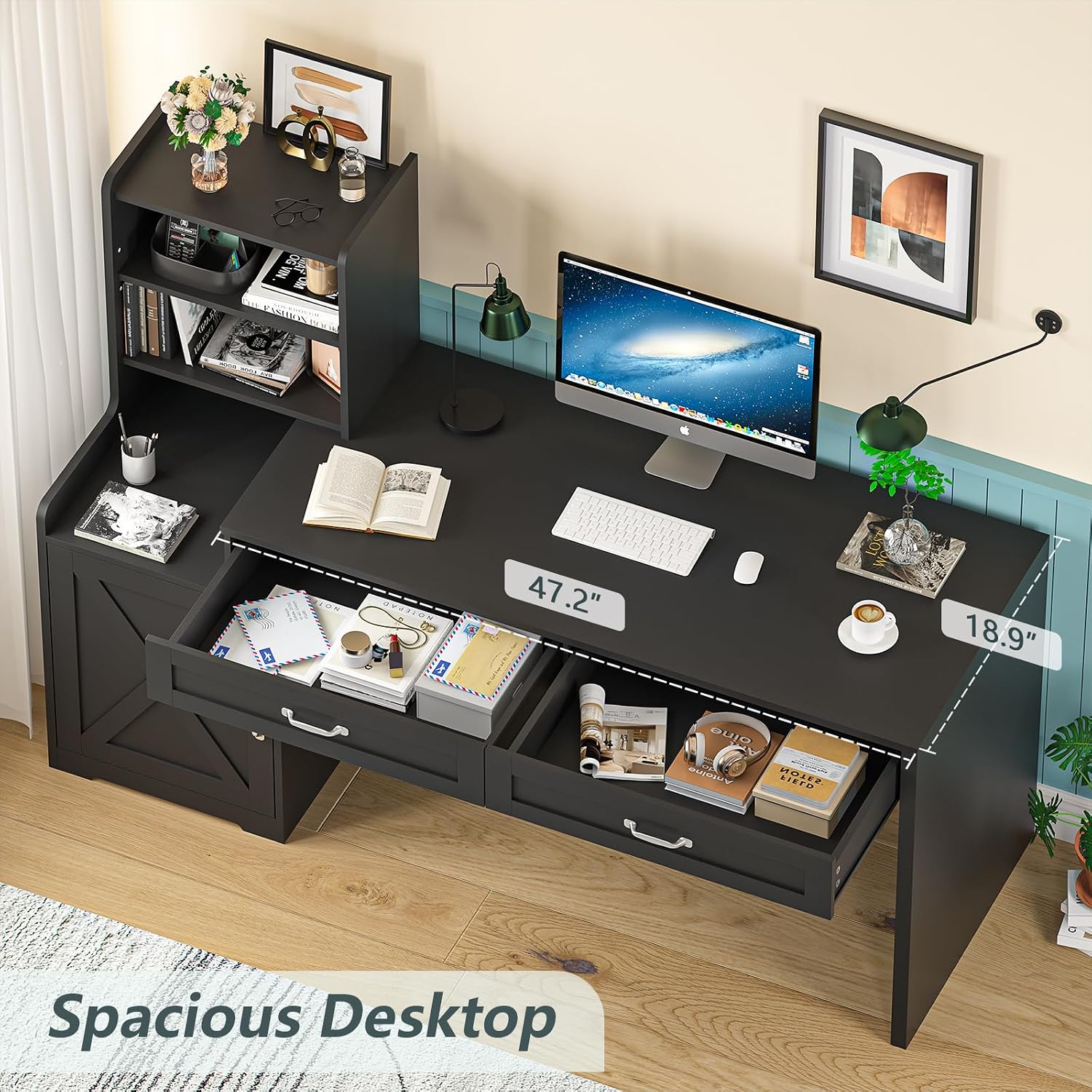 YOMILUVE 60' Computer Desk with 2 Drawer & Bookshelves, Home Office Desk with Storage Cabinet & Spacious Desktop, Writing Gaming Study Table with Bookcase, Black