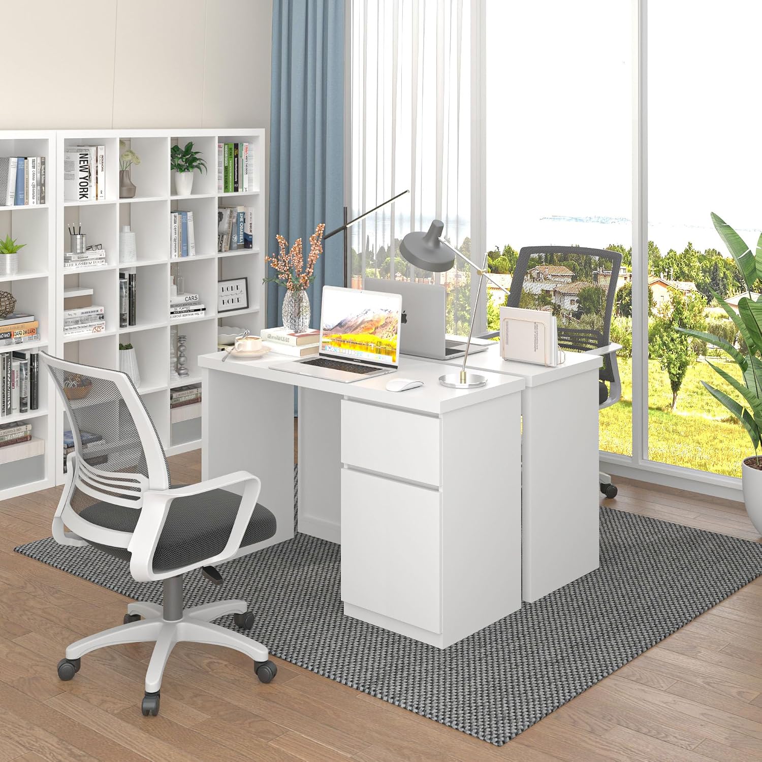 furtble White Desk with Drawers, 43 Inch Small Cute Desk for Bedroom, Home Office PC Desks Workstation Study Table Desks with Storage, White