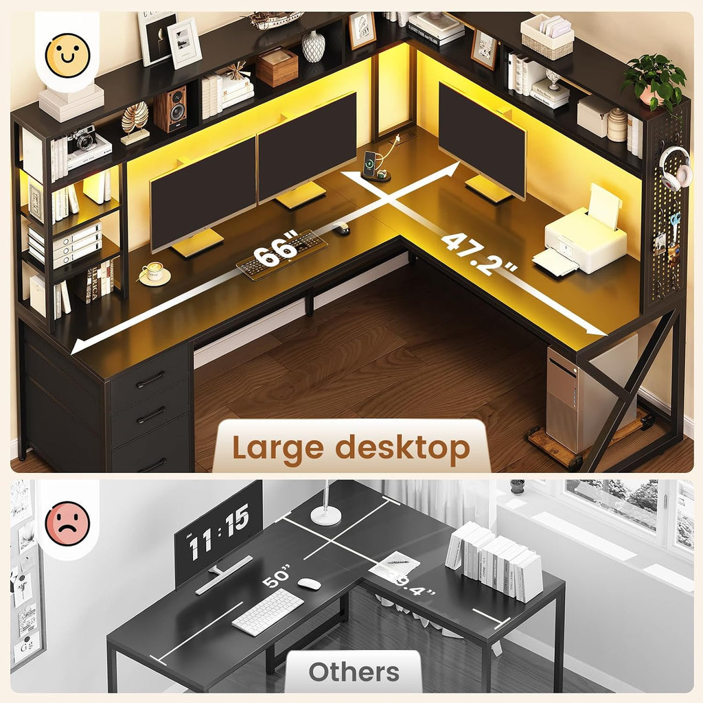 SEDETA L Shaped Gaming Desk with Storage Shelves and Hutch, Convertible 94.5' Computer Desk with Drawers, Corner Computer Desk with Power Outlet, LED Lights, Pegboard for Home Office, Black