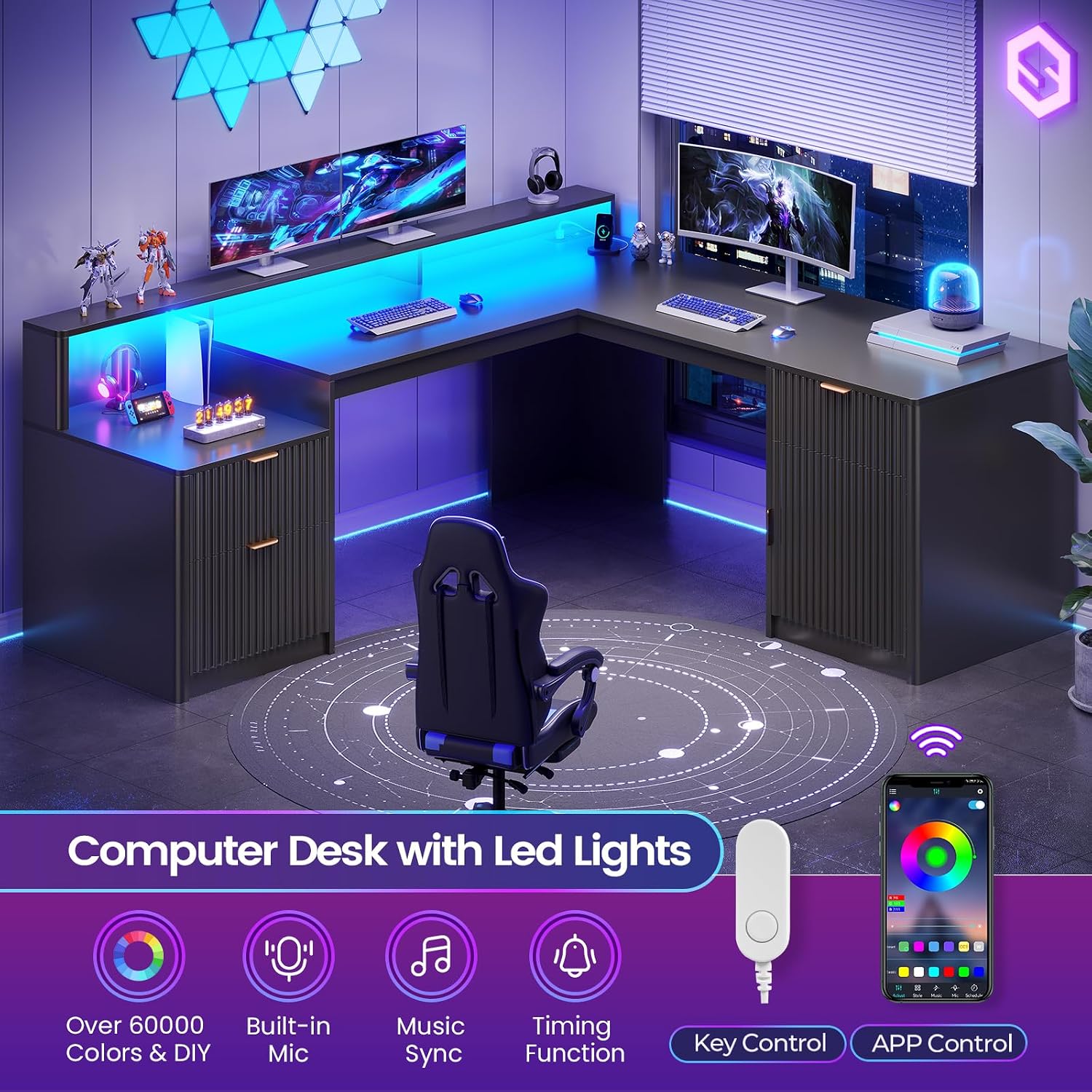SEDETA 66' Modern L Shaped Desk with Drawers, Fluted Home Office Desk with File Cabinet & Printer Shelf, Wood Executive Desk with Monitor Stand, Power Outlets, Led Lights, Black