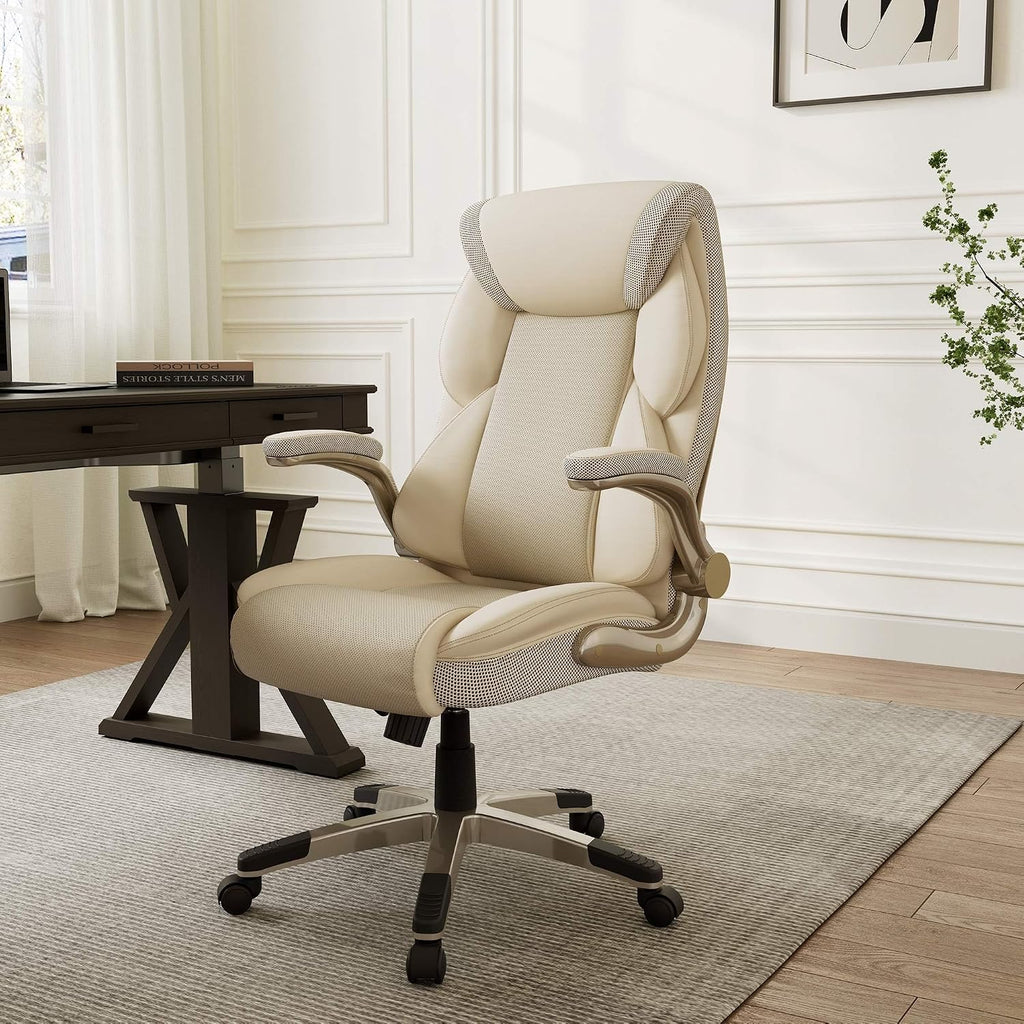 EUREKA ERGONOMIC Galene Executive Office Chair Flip Up Arm Rest, Ergonomic Desk Chair Faux Leather Computer Chair, High Back Office Chair with Headrest, Home Office Desk Chairs with Wheels, Beige