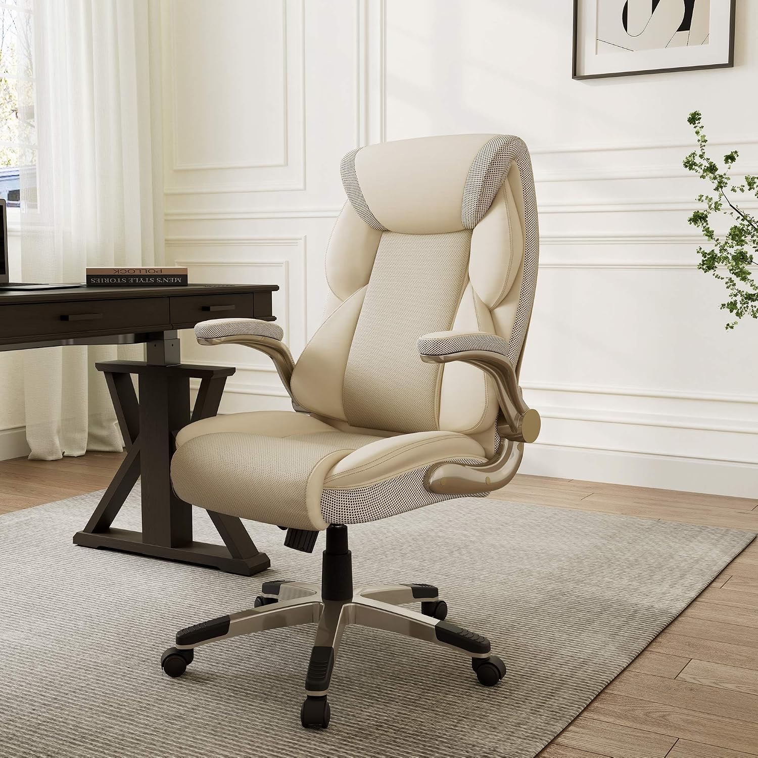 EUREKA ERGONOMIC Galene Executive Office Chair Flip Up Arm Rest, Ergonomic Desk Chair Faux Leather Computer Chair, High Back Office Chair with Headrest, Home Office Desk Chairs with Wheels, Beige