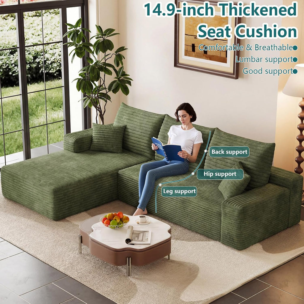 95' Modular Sectional Couch, Boneless L Shaped Cloud Sofa with Chaise Lounge, Corduroy Upholstered Couches Memory Foam Deep Seat, No Assembly Required, Ideal for Living Room(Green, Left Facing)