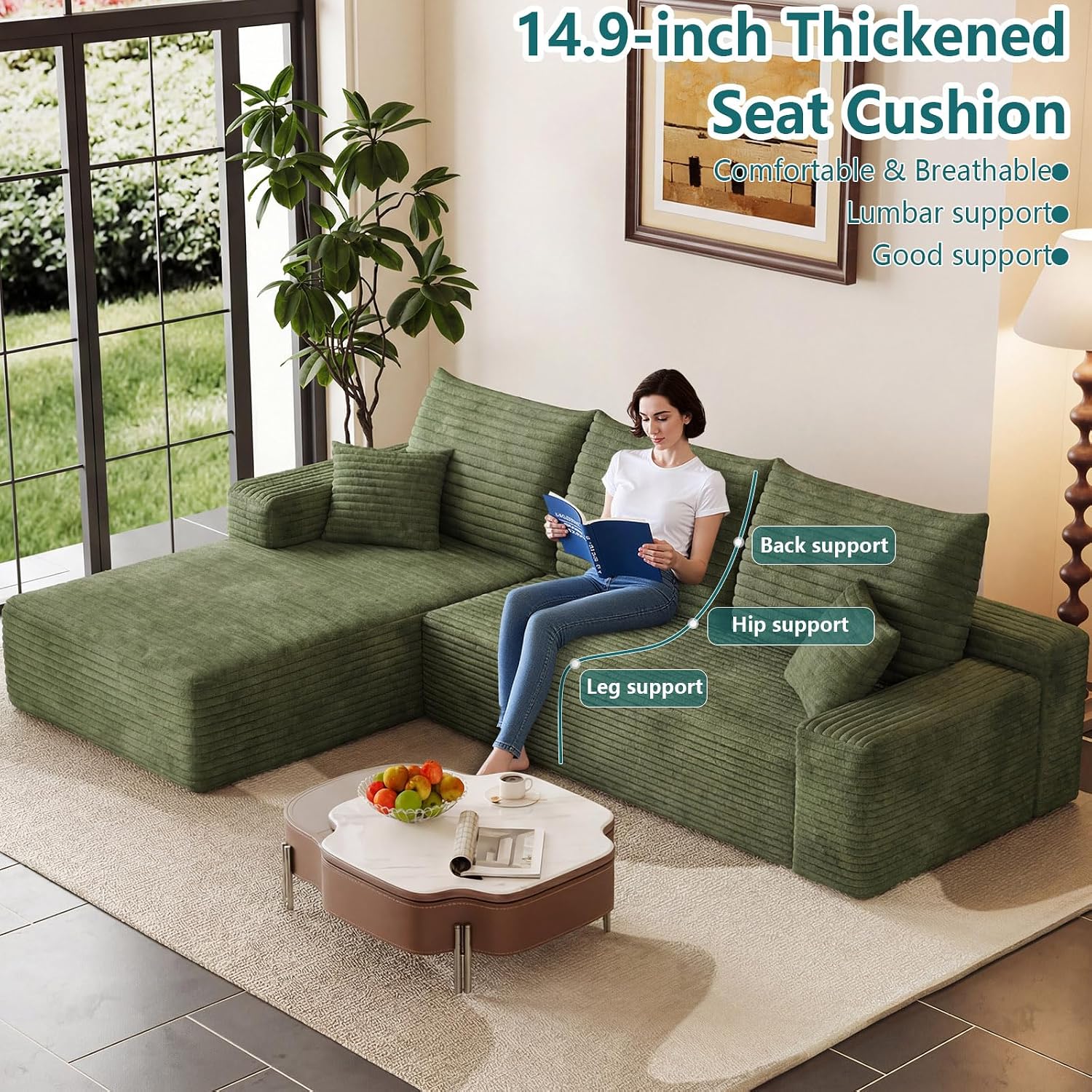 95' Modular Sectional Couch, Boneless L Shaped Cloud Sofa with Chaise Lounge, Corduroy Upholstered Couches Memory Foam Deep Seat, No Assembly Required, Ideal for Living Room(Green, Left Facing)