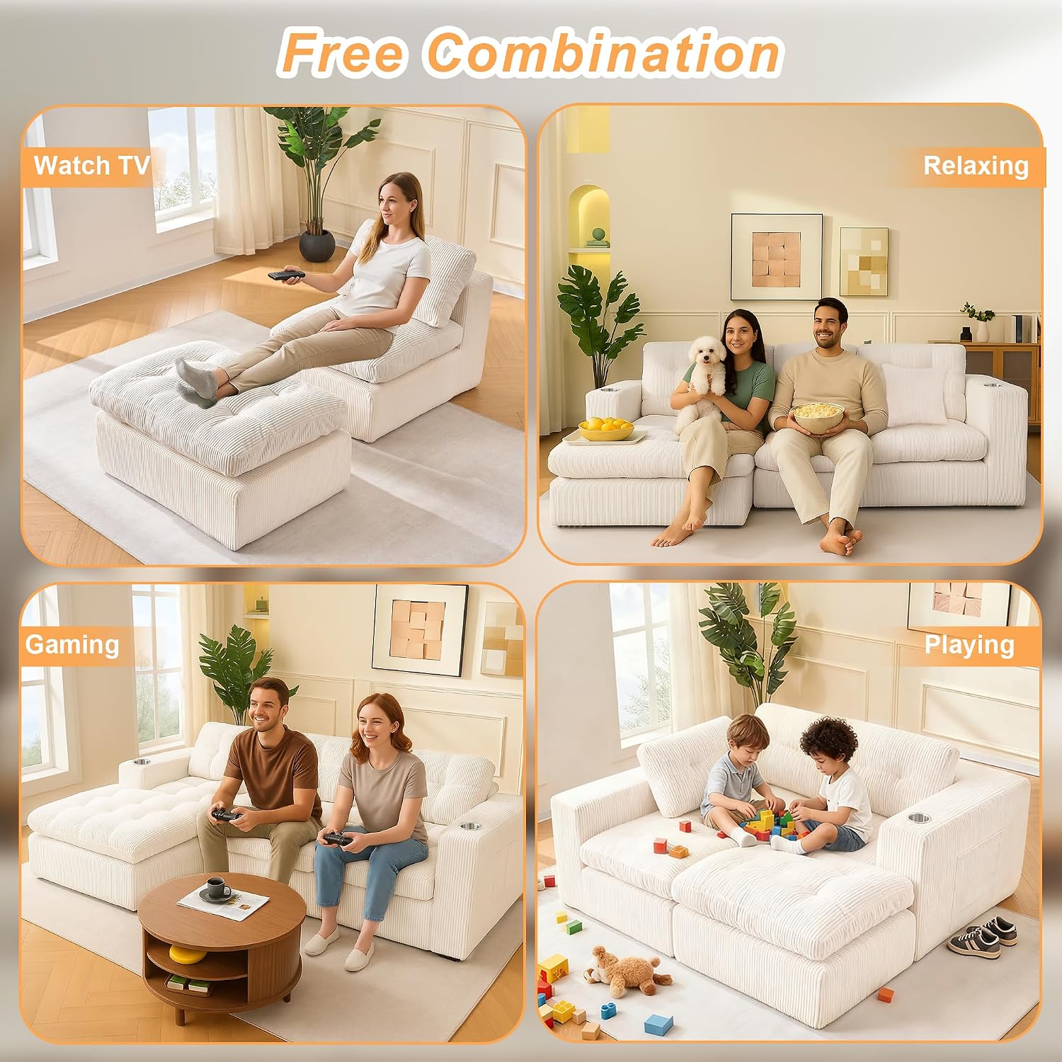 108 inch L Shaped Modular Sofa Bed, 50' Deep Seat Corduroy Boneless Sectional Couch with Ottoman No Assembly, 1400lbs Capacity Cloud Sleeper for Living Room Apartment (Light Beige)