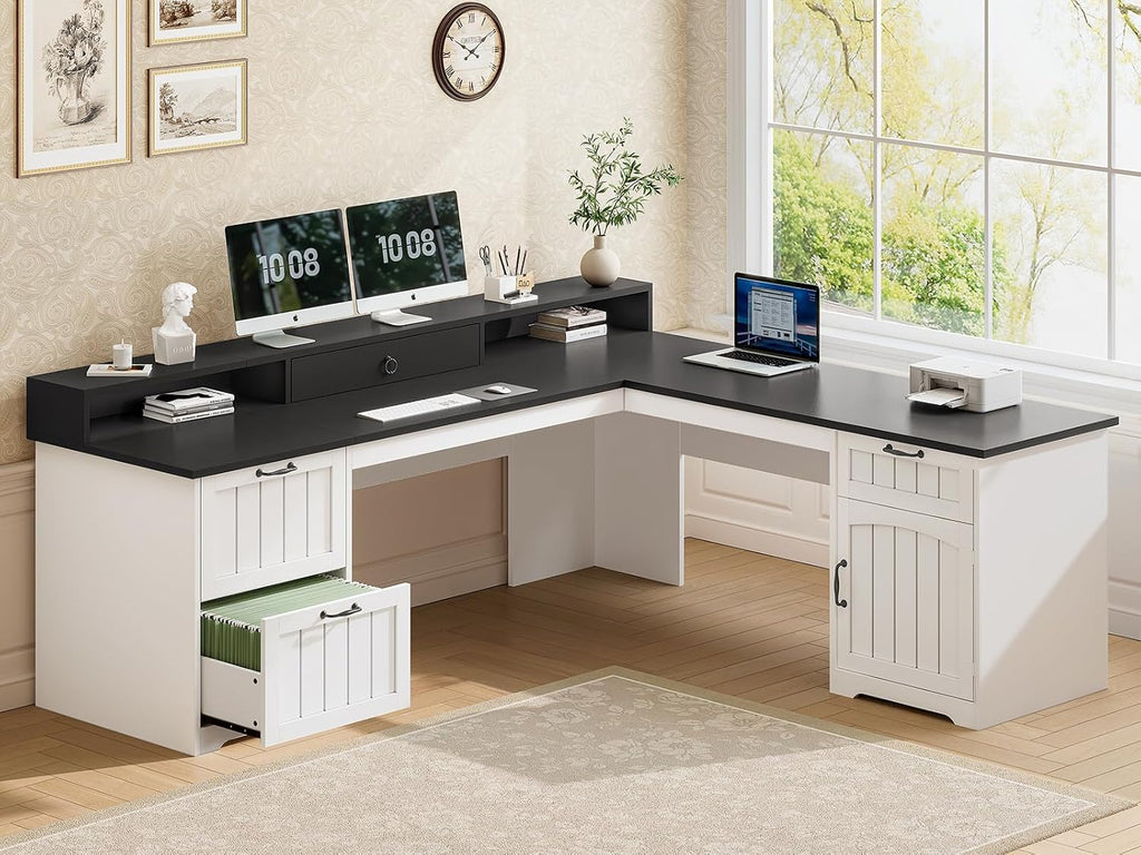 SEDETA 63' L Shaped Desk with Drawers, Farmhouse Office Desk with File Drawers, Wood Corner Computer Desk with Storage, Home Office Desk with Monitor Stand and Storage Cabinet, Black and White