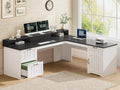SEDETA 63' L Shaped Desk with Drawers, Farmhouse Office Desk with File Drawers, Wood Corner Computer Desk with Storage, Home Office Desk with Monitor Stand and Storage Cabinet, Black and White