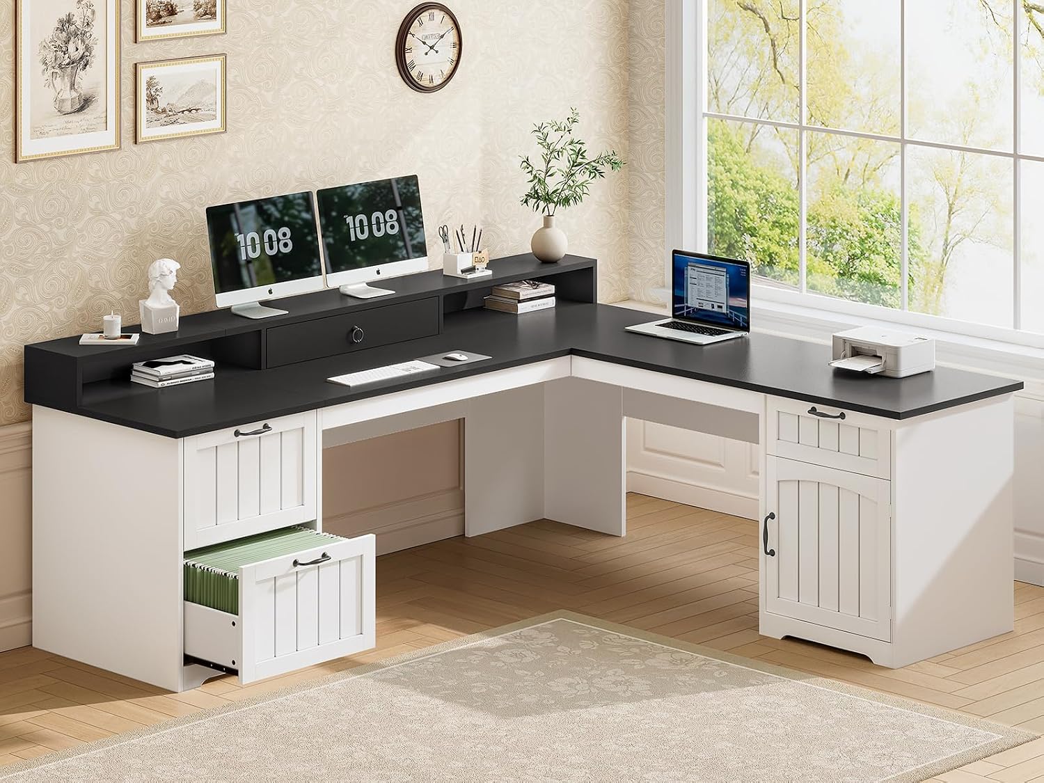 SEDETA 63' L Shaped Desk with Drawers, Farmhouse Office Desk with File Drawers, Wood Corner Computer Desk with Storage, Home Office Desk with Monitor Stand and Storage Cabinet, Black and White