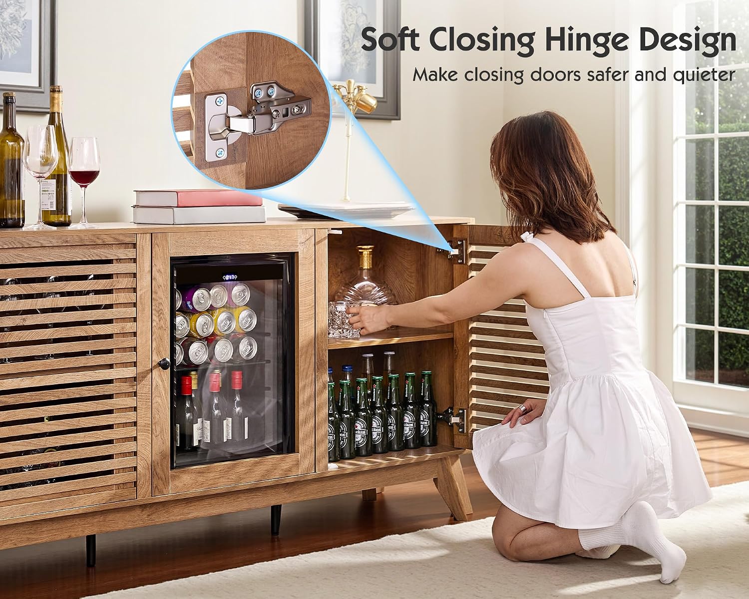 LUXOAK 60' Farmhouse Coffee Bar Cabinet with Beverage Fridge (Included), Wine Bar Cabinet with Drawer Storage, Mini Fridge Cabinet, Sideboard Cabinet for Dining Room, Living Room-Brown
