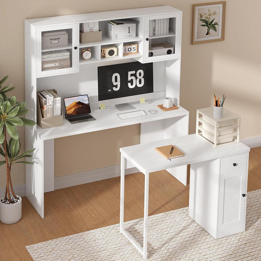 TUSY Reversible L Shaped Desk with Hutch & Storage Cabinet, 71' Corner Desk with LED, White Computer Desk with Drawers, DIY Home Office Desk for Small Space, Craft Desk with Storage