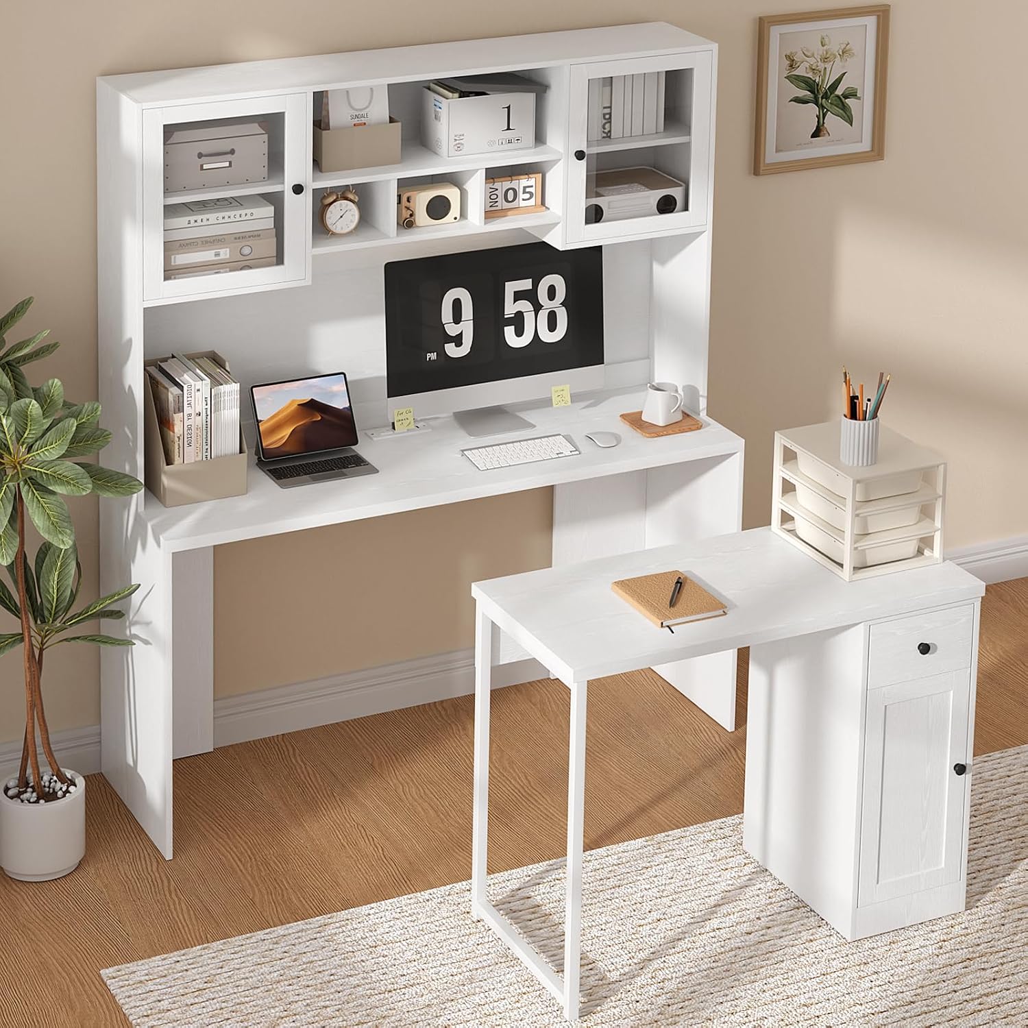 TUSY Reversible L Shaped Desk with Hutch & Storage Cabinet, 71' Corner Desk with LED, White Computer Desk with Drawers, DIY Home Office Desk for Small Space, Craft Desk with Storage