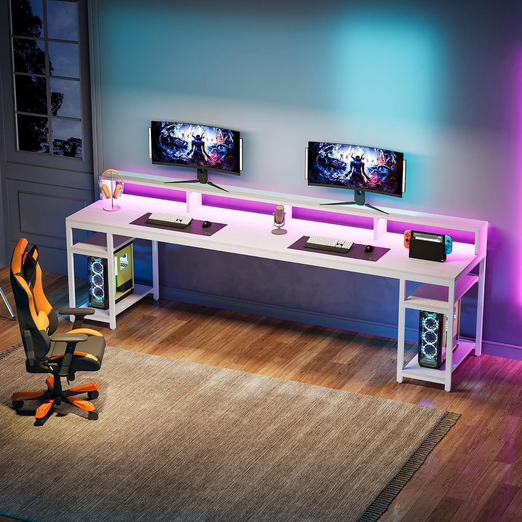 Tribesigns 78.74 Inches Extra Long Two-Person Desk, Double Computer Desk with Monitor Stand and Storage Shelves, Study Work Table for Home Office (White)