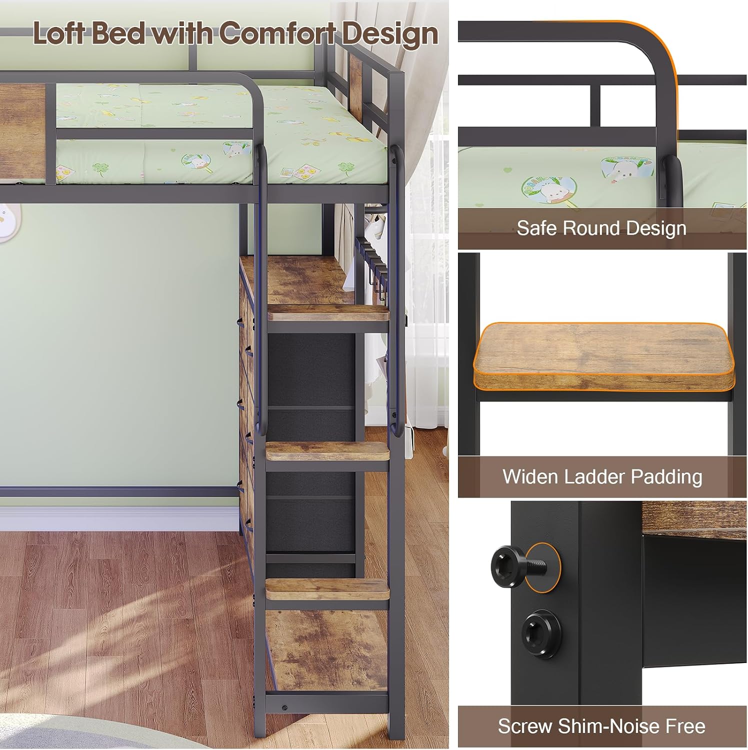 Dnxao Full Size Loft Bed with Desk, Heavy Duty Metal Bed Frame for Teens Adults, 6 Storage Drawers, Power Outlet with Type-C, LED Lights, Integrated Study Workstation for Small Room, Rustic Brown
