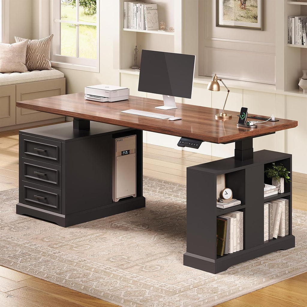 SEDETA Farmhouse Electric Standing Desk, 63' Height Adjustable Computer Desk with 3 Drawers, Storage Shelves, Power Outlets, Wood Home Office Stand up Desk for Work, Study, Writing, Black