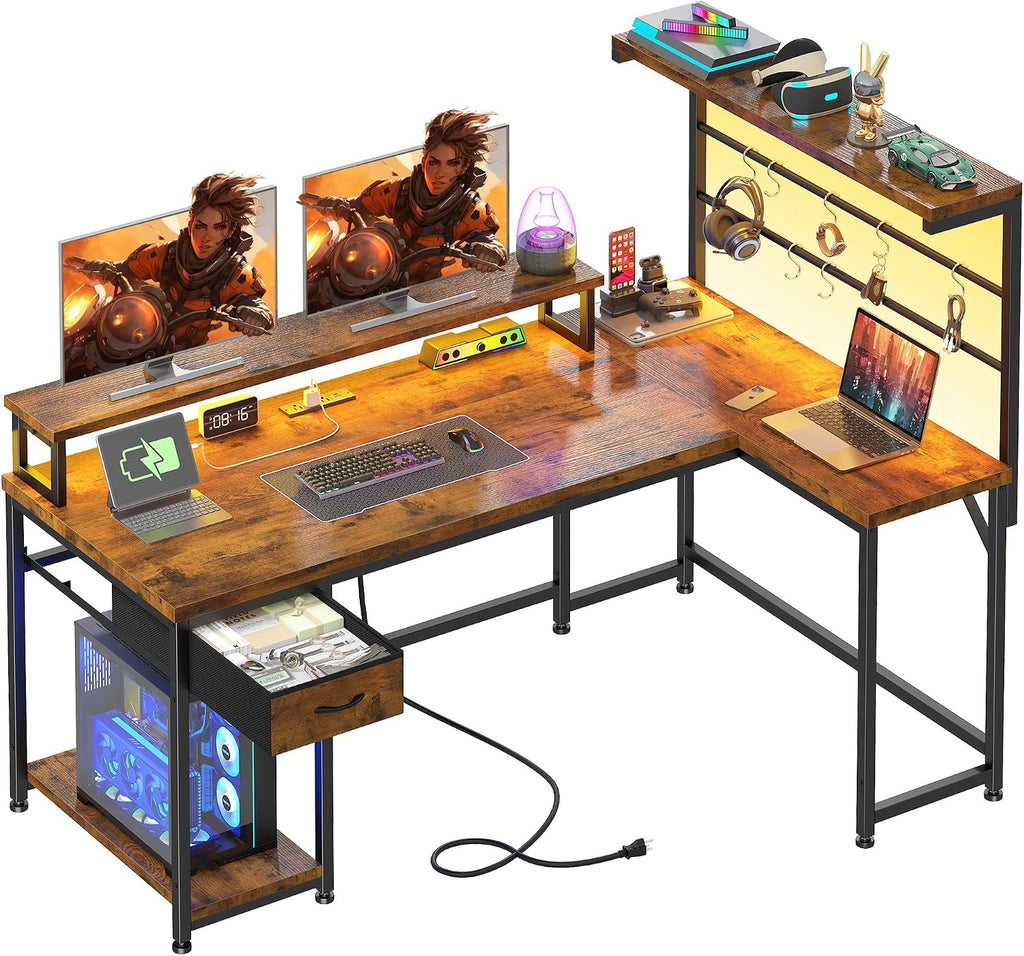 EnHomee 53 inch L Shaped Desk with Shelf & Drawer,Reversible Corner Computer Desk with LED Lights & Power Outlets, Gaming Desk Home Office with Monitor Stand, Rustic Brown