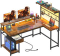 EnHomee 53 inch L Shaped Desk with Shelf & Drawer,Reversible Corner Computer Desk with LED Lights & Power Outlets, Gaming Desk Home Office with Monitor Stand, Rustic Brown