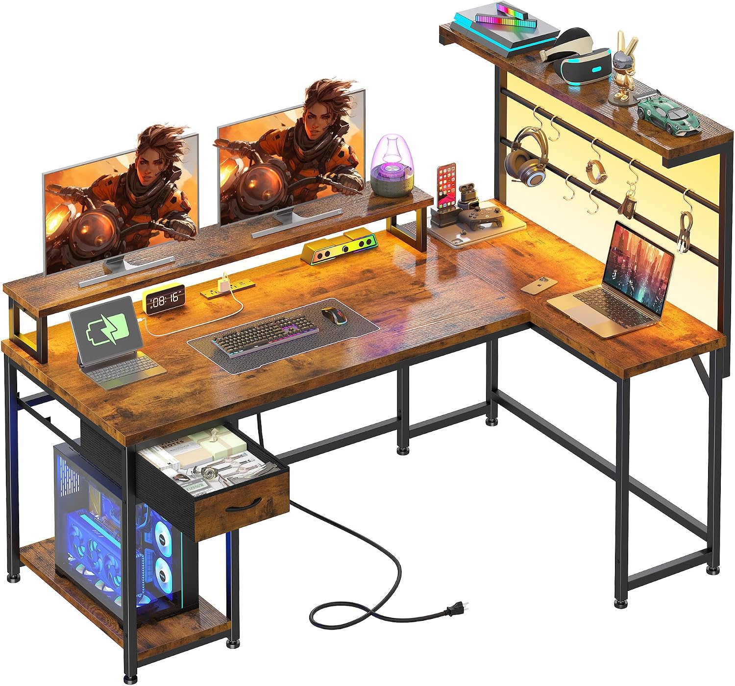 EnHomee 53 inch L Shaped Desk with Shelf & Drawer,Reversible Corner Computer Desk with LED Lights & Power Outlets, Gaming Desk Home Office with Monitor Stand, Rustic Brown