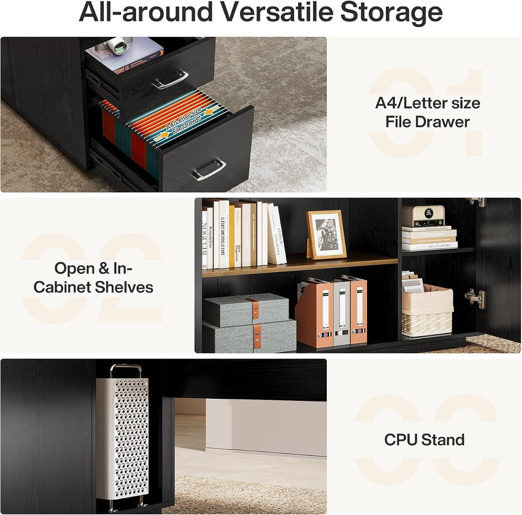 Tribesigns 85.8-Inch L-Shaped Executive Desk with File Drawers, Door Cabinet & Shelves, Extra Large Commercial Office Desk, Modern Professional Office Table, Business Furniture, Warm Brown & Black