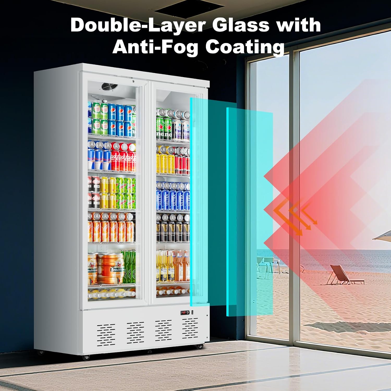 41.4''W White Commercial Refrigerators, 30.5 Cu.Ft 2 Glass Door Commercial Beverage Refrigerators Upright Display Cooler with LED Light and 10 Adjustable Shelves for Restaurant Stores