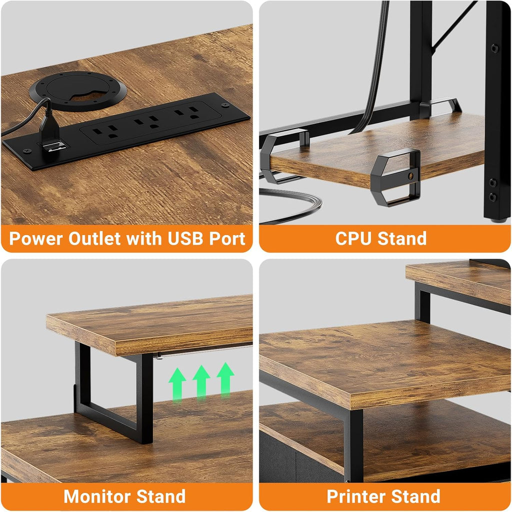 Unikito Reversible L Shaped Computer Desk with Fabric File Drawers, 70.8' Large Office Desk with RGB LED Lights & Power Outlets & Monitor Stand & CPU Stand, Sturdy Corner Gaming Desk, Rustic Brown