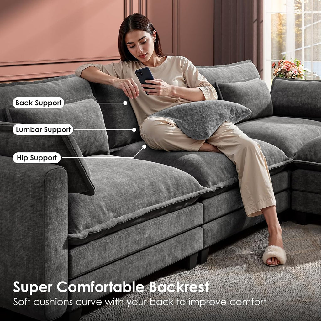 Marsail Modular Sectional Sofa 110.6' U-Shaped Modern Comfy Cloud Couch, 5-Seat Chenille Deep Seat Sofa with Throw Pillow & Movable Ottoman for Living Room, Bedroom and Apartment, Grey