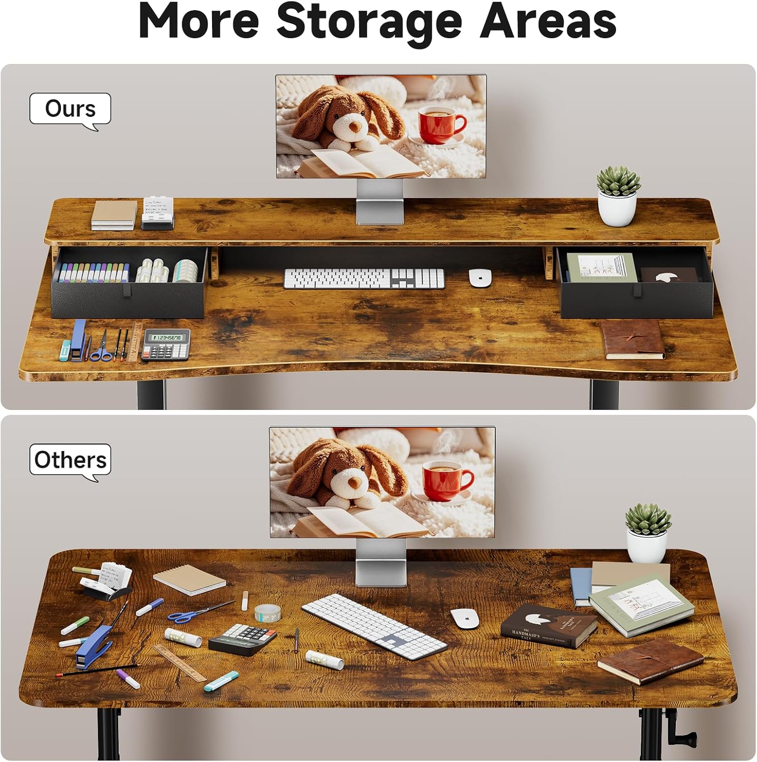 Veken 47.2'×27.6' Standing Desk with Storage Drawers, Adjustable Height Computer Table with Monitor Shelf, Home Office Desk for Study, Gaming, Workstation, Brown