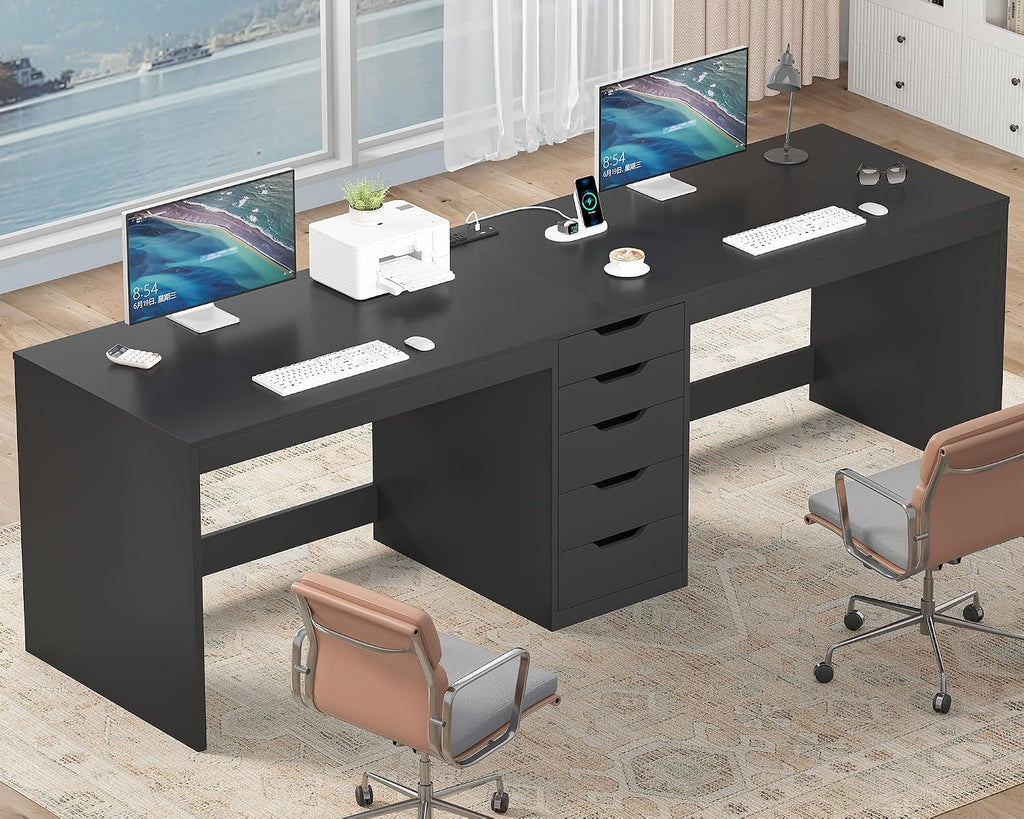 YOMILUVE 2 Person Desk with 5 Drawers and Power Outlets, 78.7 Inch Long Computer Desk with Storage File Cabinet, Two Person Home Office Double Desk with Storage, Black