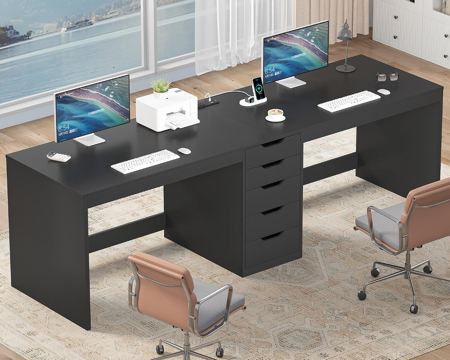 YOMILUVE 2 Person Desk with 5 Drawers and Power Outlets, 78.7 Inch Long Computer Desk with Storage File Cabinet, Two Person Home Office Double Desk with Storage, Black