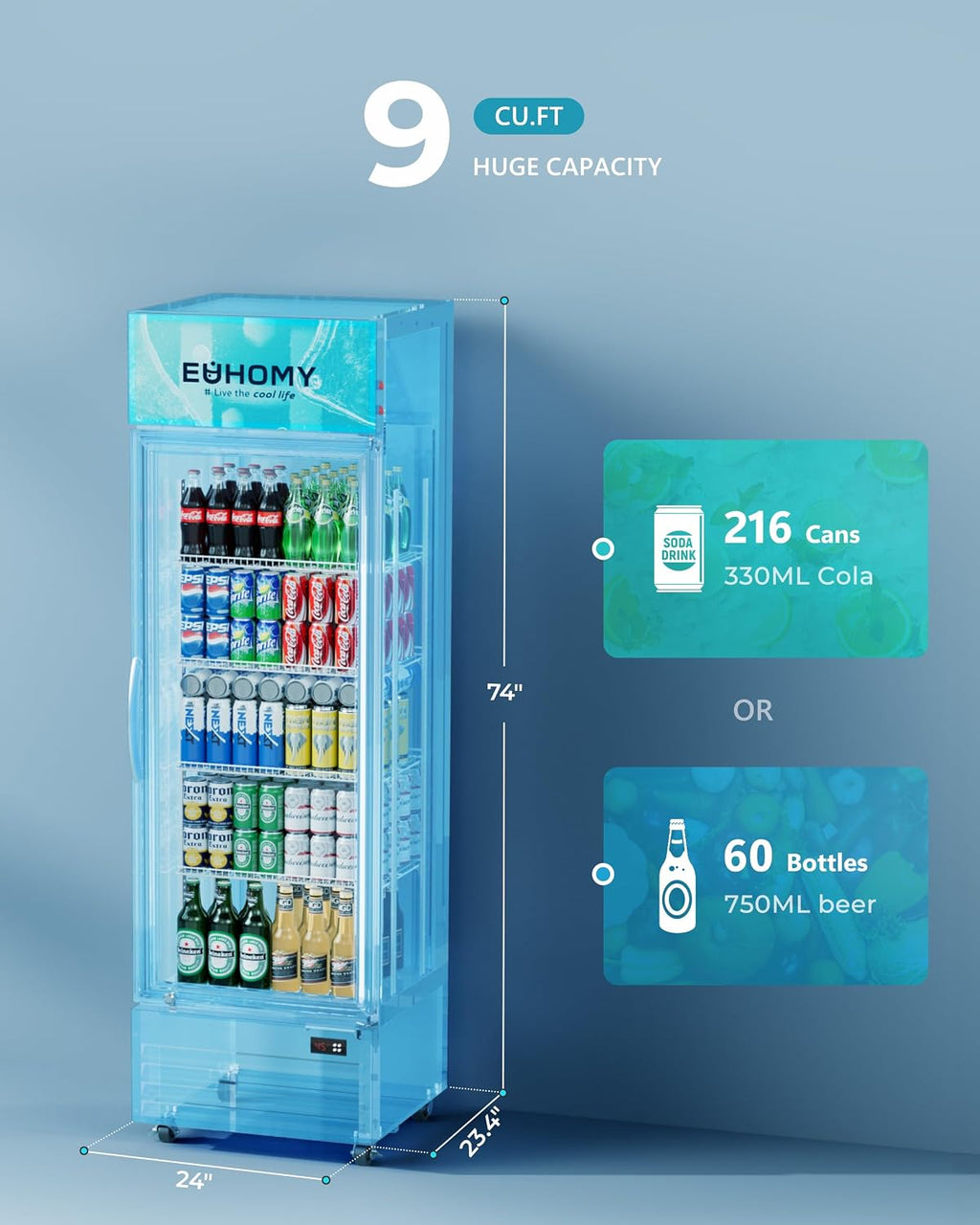 EUHOMY Commercial Display Refrigerator, 9 Cu.Ft Glass Door Merchandiser Drink Fridge with Soft LED Light Adjustable Shelves, Commercial Beverage Refrigerator for Bar, Restaurant, Cafe(Black)